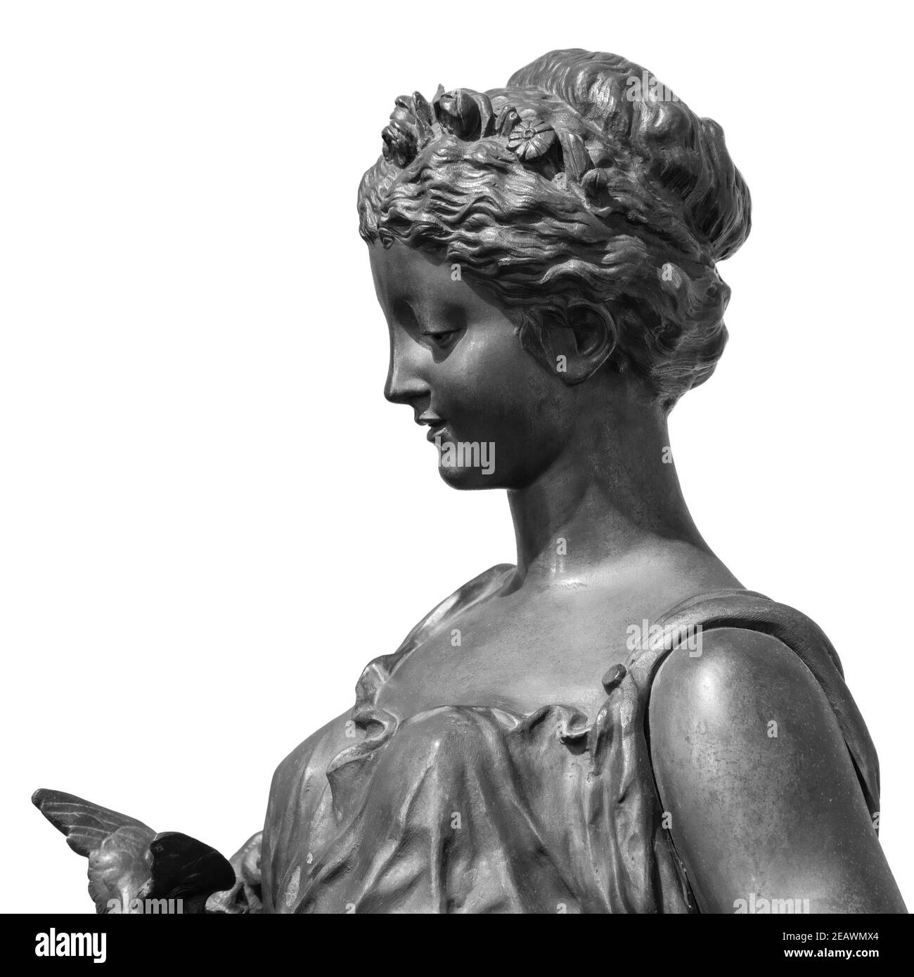 Ancient white marble sculpture head of young woman. Statue of sensual