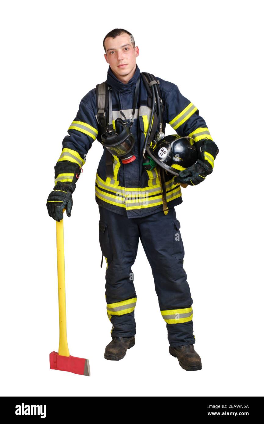 Smiling young man in firefighter uniform Stock Photo Alamy