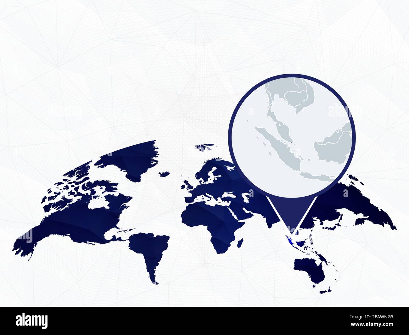 Singapore detailed map highlighted on blue rounded World Map. Map of Singapore in circle. Stock Vector