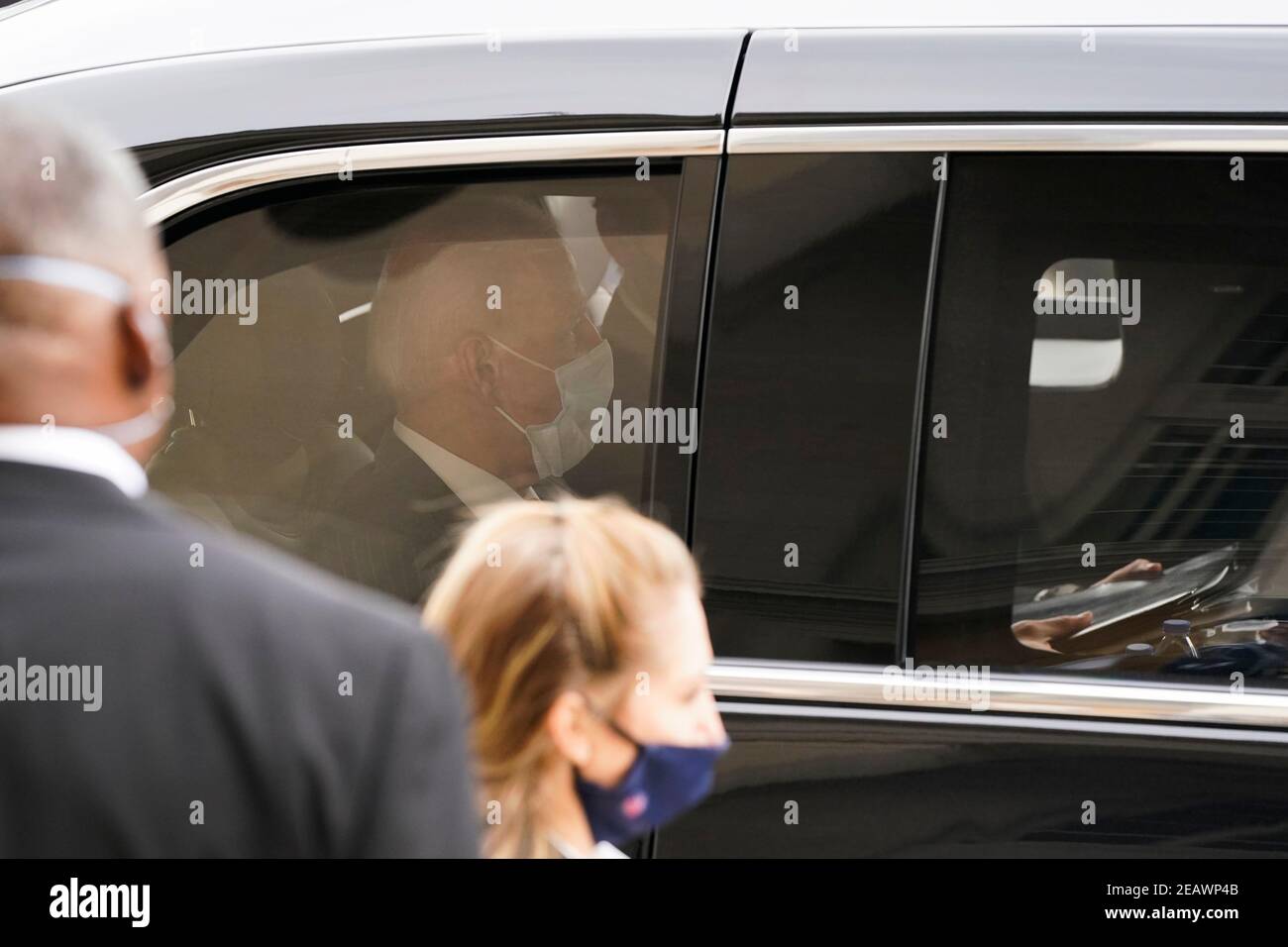 President Joe Biden waits to exit his vehicle as he arrives at the Pentagon, in Arlington, Virginia, 10 February 2021.Credit: Alex Brandon/Pool via CNP /MediaPunch Stock Photo