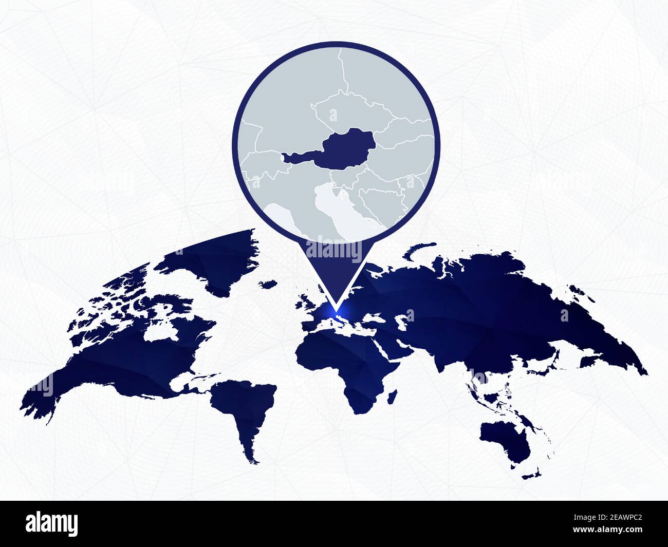 Austria detailed map highlighted on blue rounded World Map. Map of Austria in circle. Stock Vector