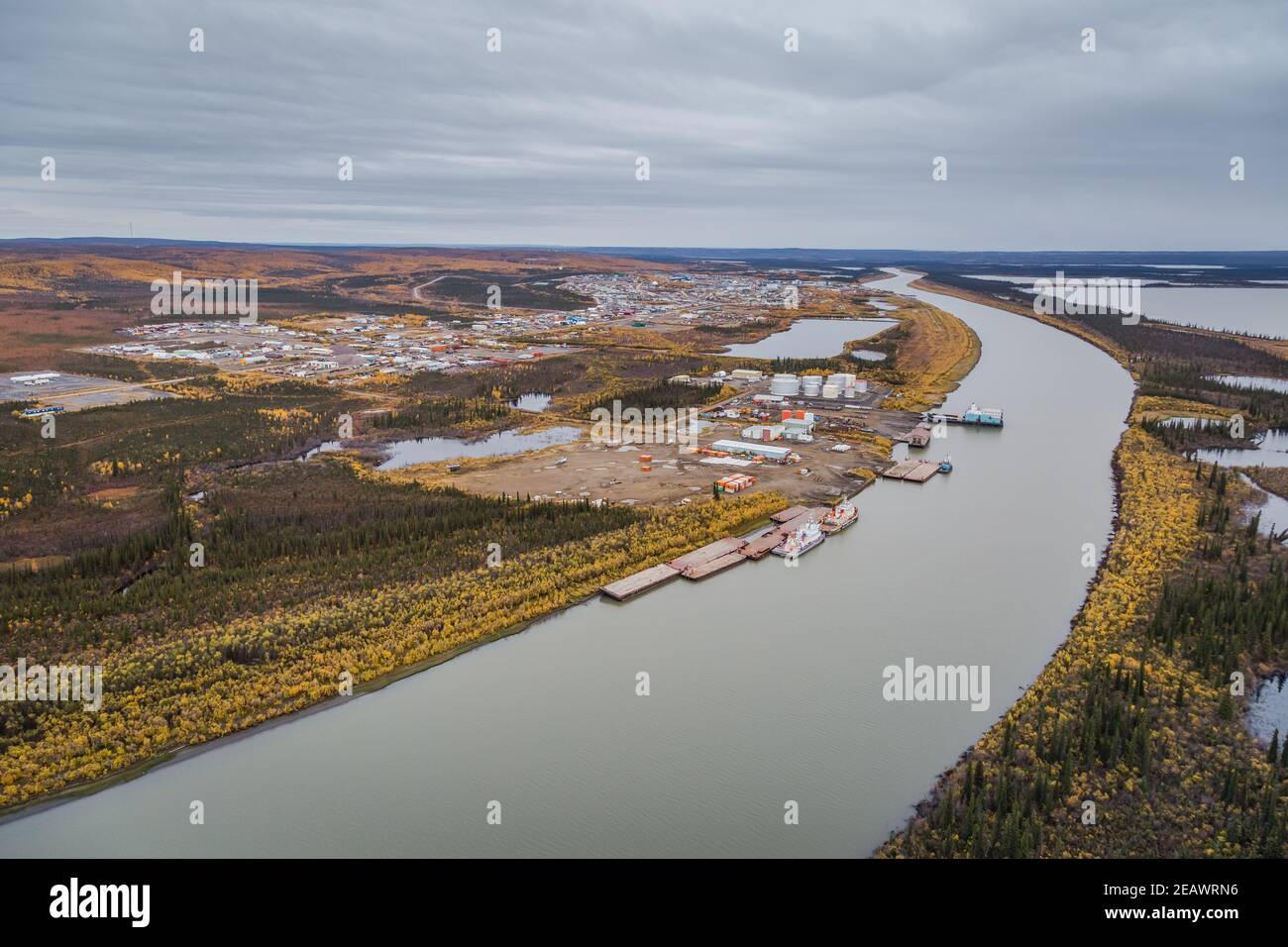 Aerial view of town of Inuvik in fall, along the Mackenzie River, 200km north of the Arctic Circle, Northwest Territories, Canada's western Arctic. Stock Photo