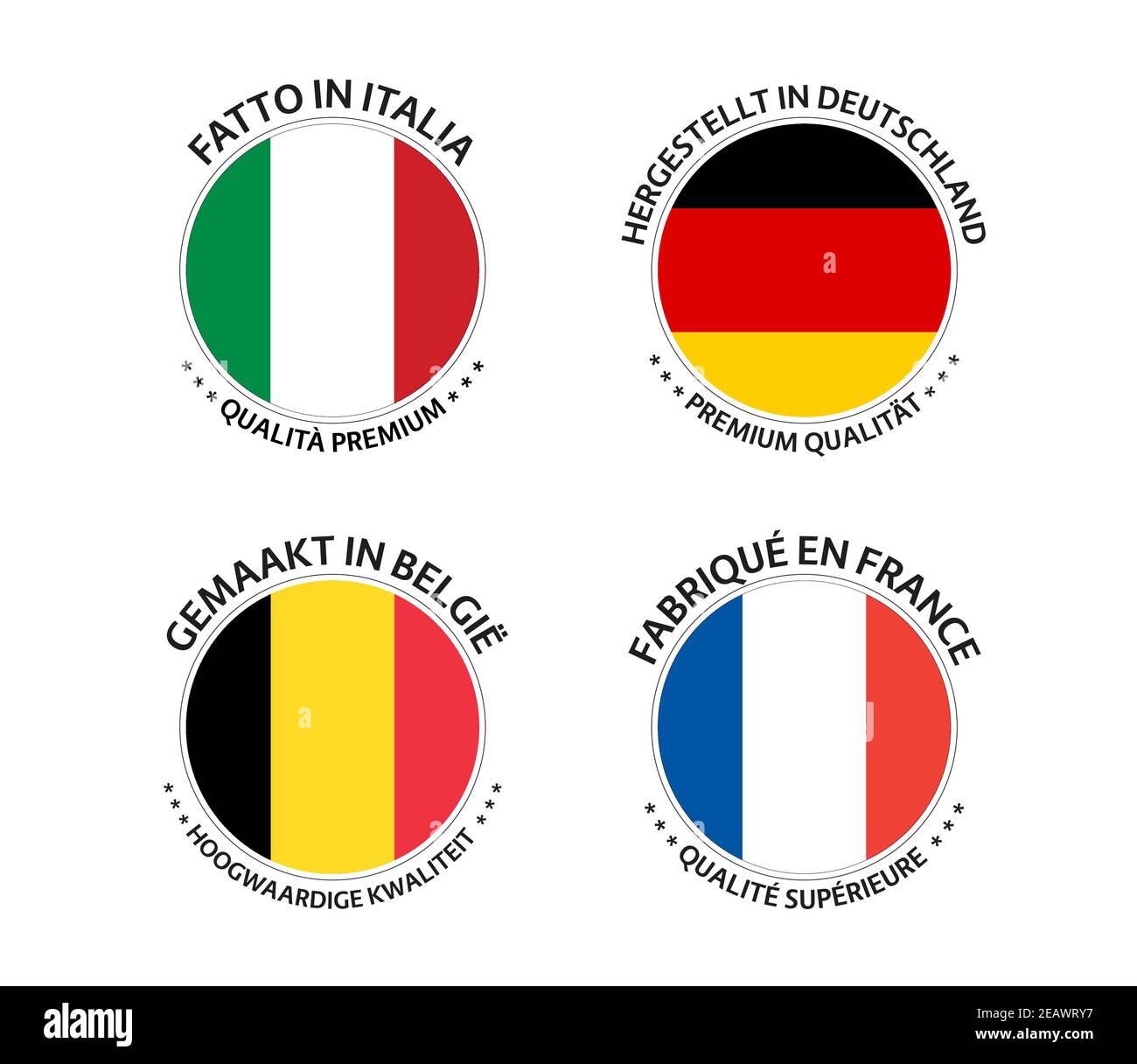 Set of four Italian, German, Belgian and French stickers. Made in Italy, Made in France, Made in Germany and Made in Belgium. Simple icons with flags Stock Vector