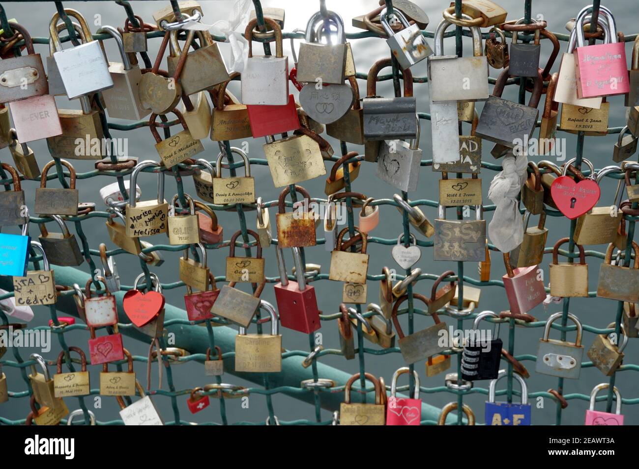 Cut out of love lock or love padlock bridge in Zurich, Switzerland over