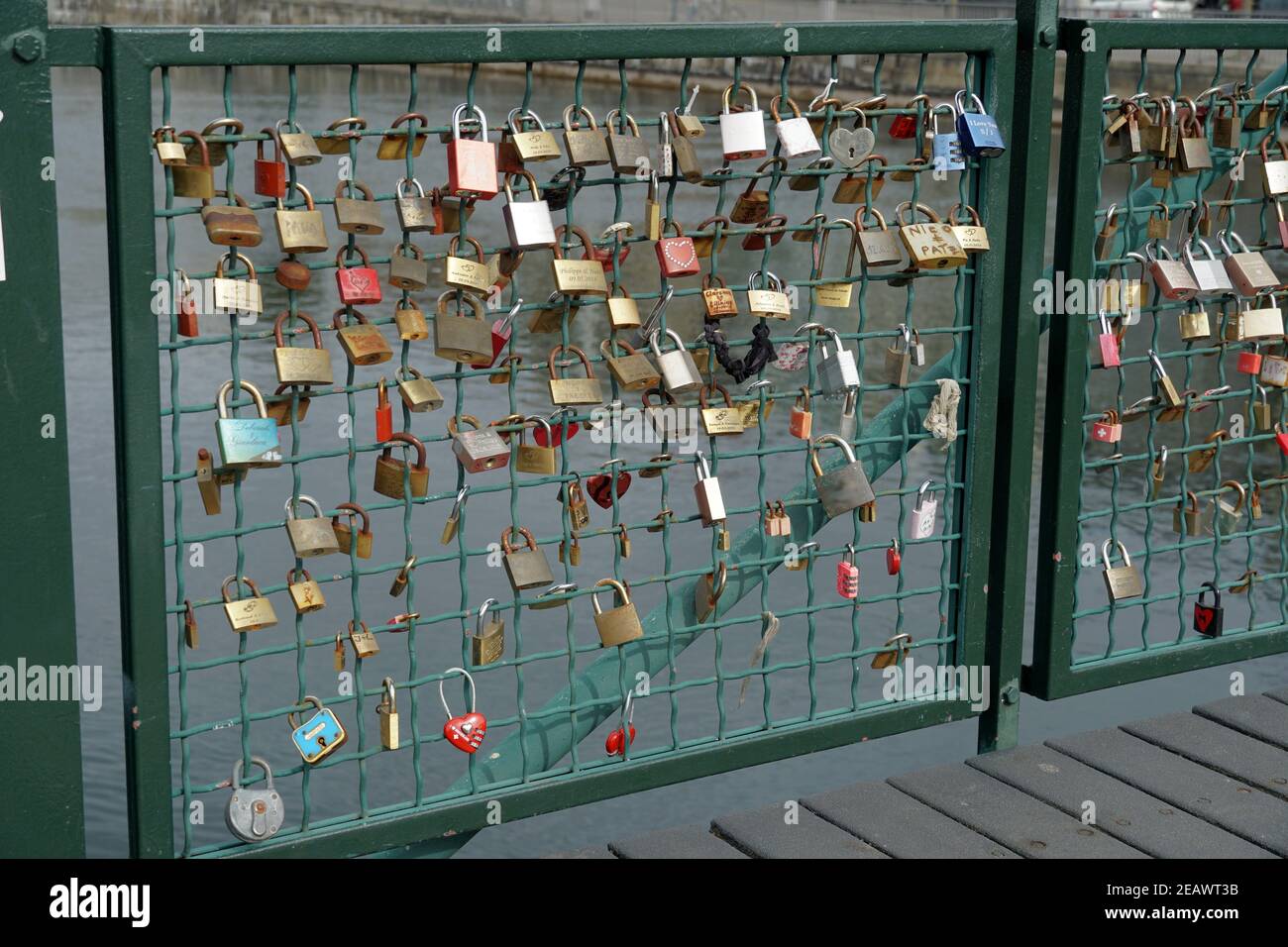 Cut out of love lock or love padlock bridge in old city of Zurich