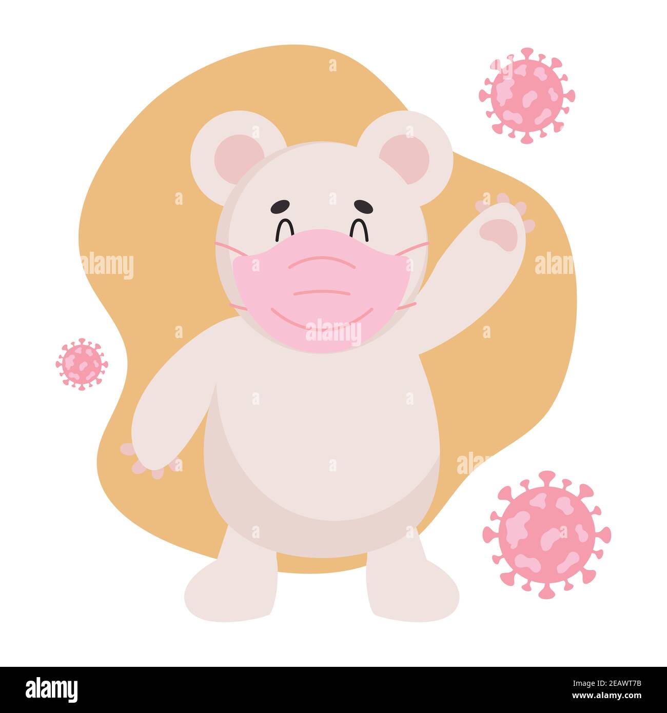 cute rabbit with face mask and coronavirus virus around over white ...