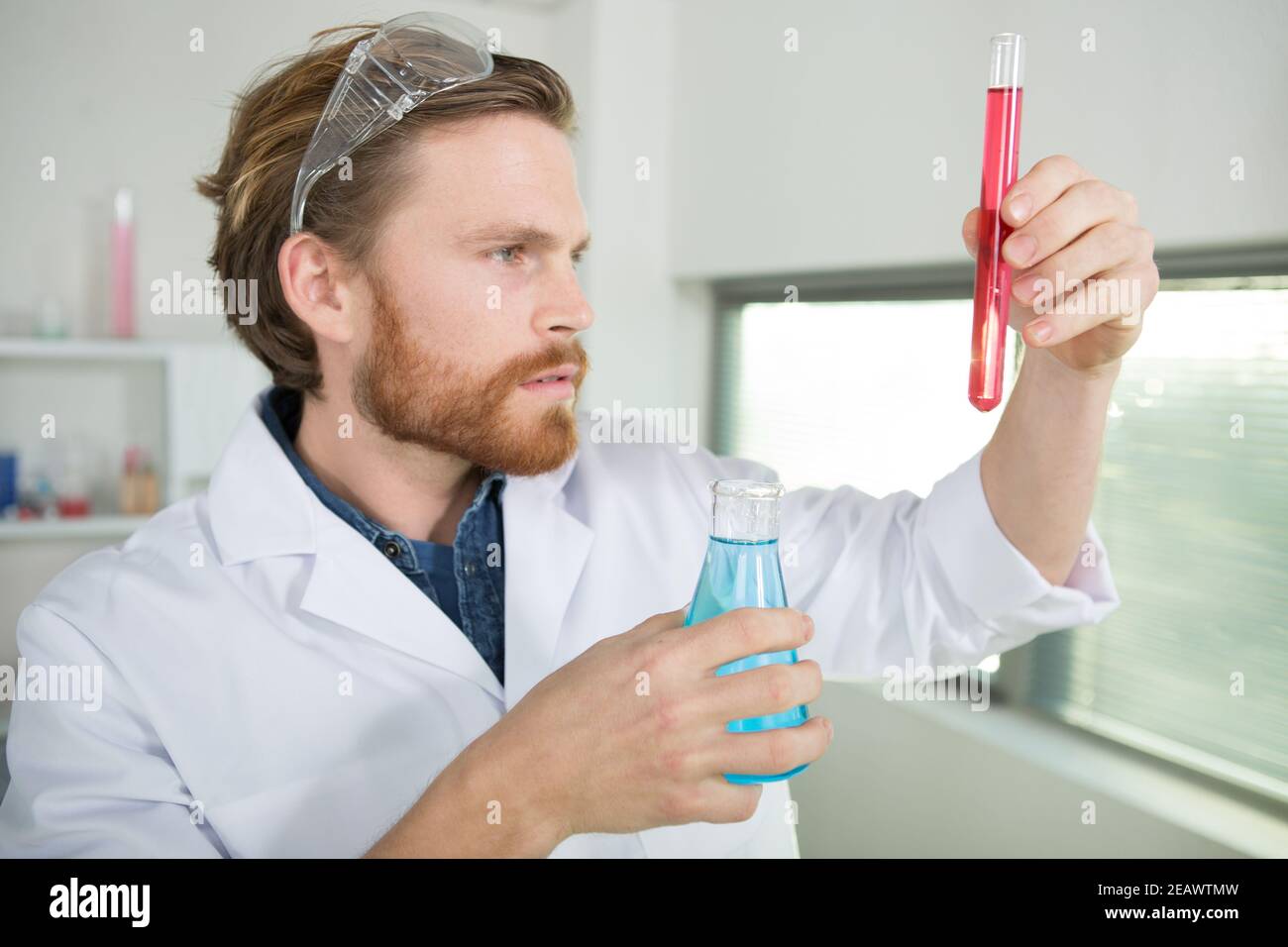 man checking liquids in the lab Stock Photo