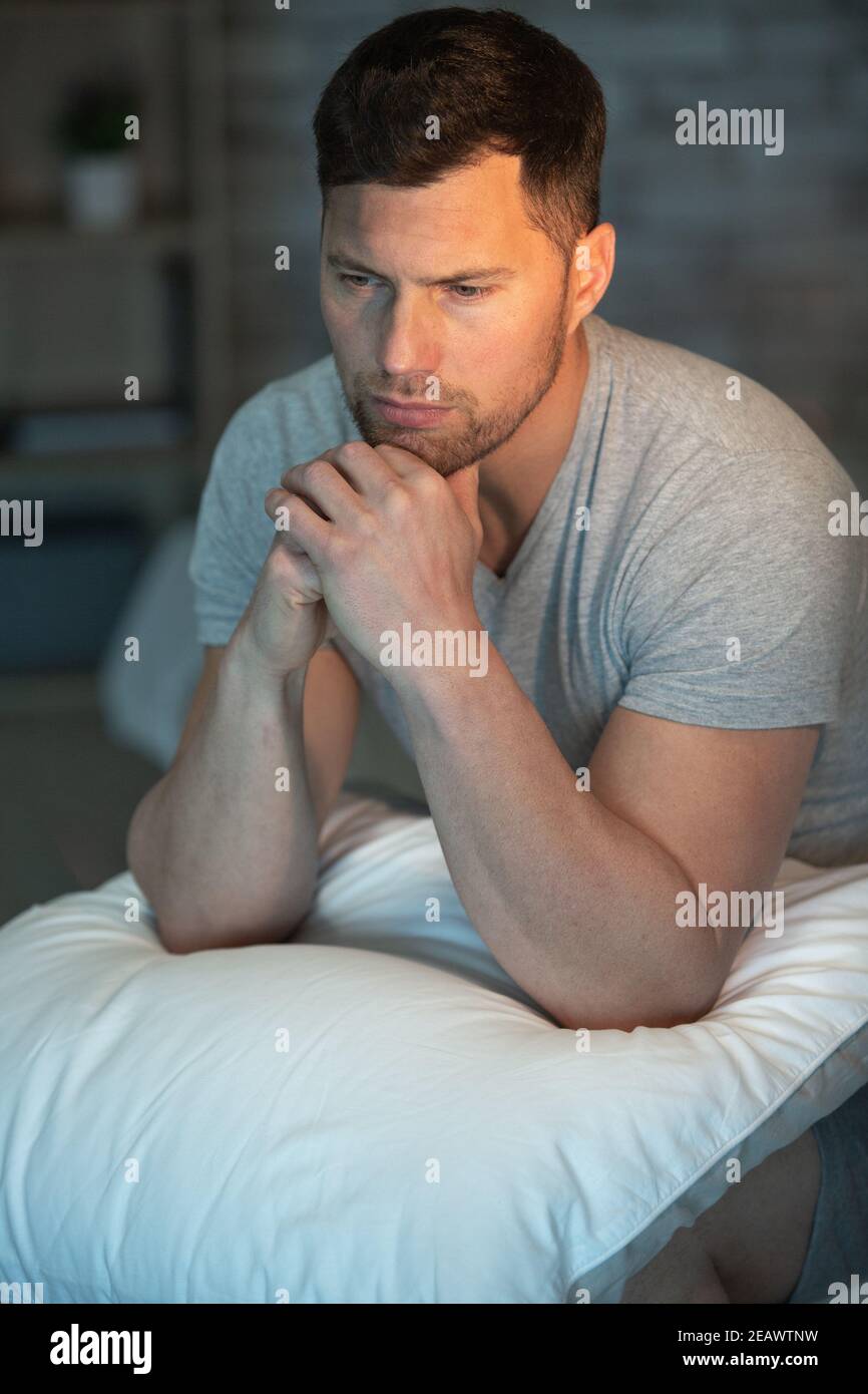 Stressed Man Trying To Sleep In His Bed At Night Stock Photo Alamy