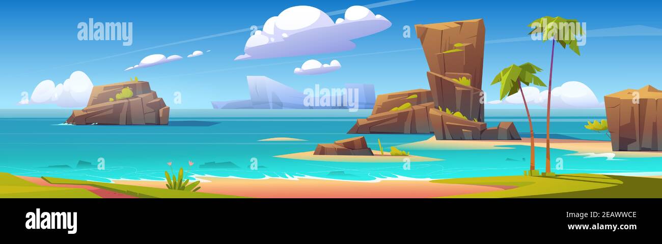 Sea beach, rock islands in water and clouds in blue sky. Vector cartoon summer landscape of ocean shore, mountains, green grass and palm trees on sand beach. Seascape panorama Stock Vector