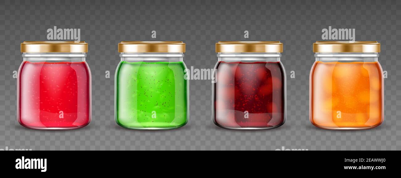 Jam jars, glass containers with fruit jelly, colorful gelatin marmalade packs with cap mock up design. Blank different color preserve tubes isolated on transparent background, Realistic 3d vector set Stock Vector