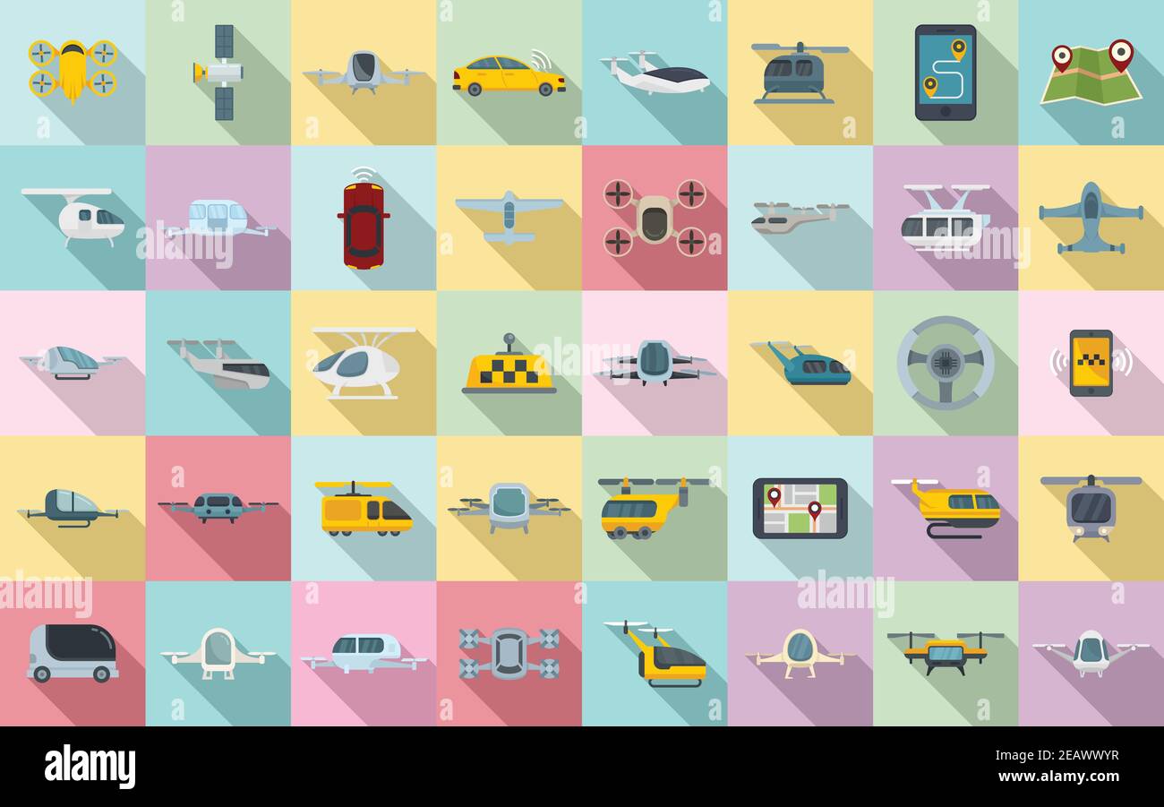 Unmanned taxi icons set, flat style Stock Vector