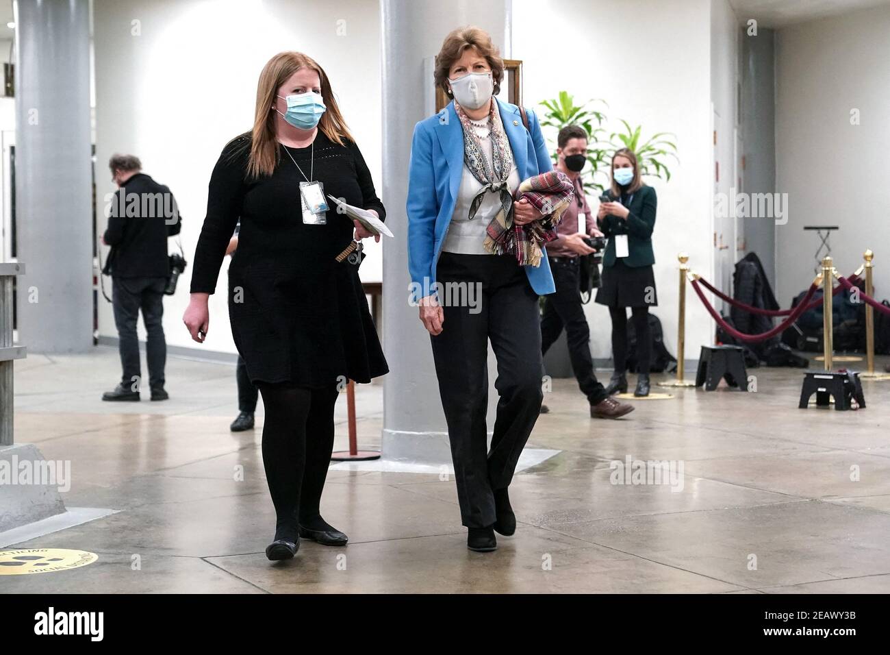 Sen. Jeanne Shaheen (D-N.H.) arrives at the Capitol on Wednesday, February 10, 2021 for the second day of the impeachment trial of former President Donald Trump. Stock Photo
