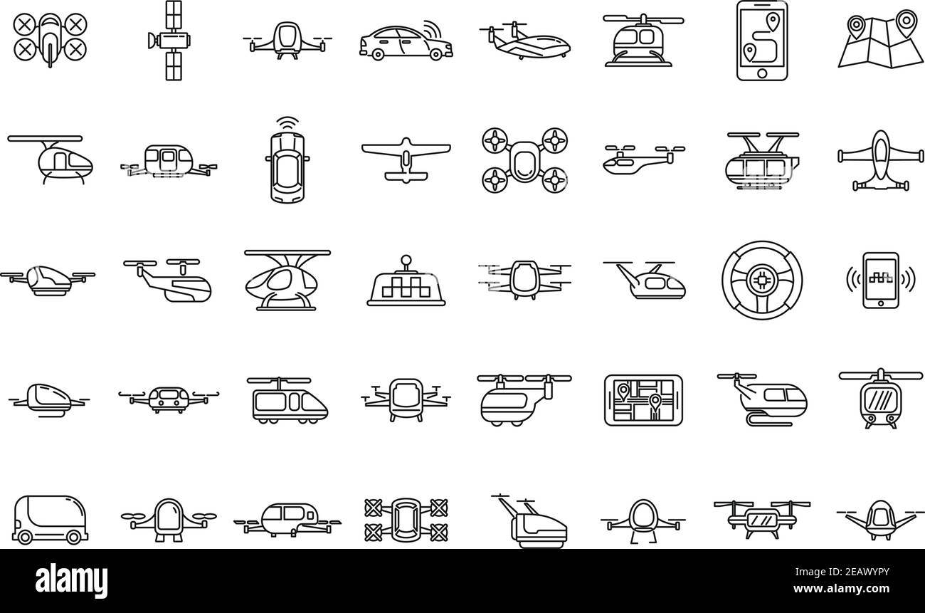 Unmanned taxi drive icons set, outline style Stock Vector