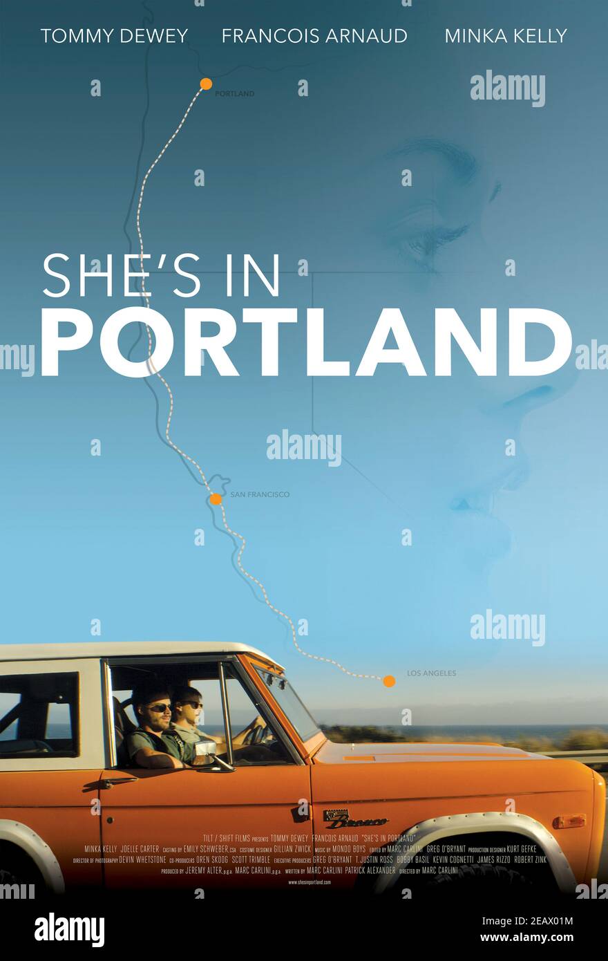 She's in Portland (2020) directed by Marc Carlini and starring Tommy Dewey, Ricco Ross and Minka Kelly. A 30 something businessman drags his college buddy along on a road trip hoping to reconnect. Stock Photo
