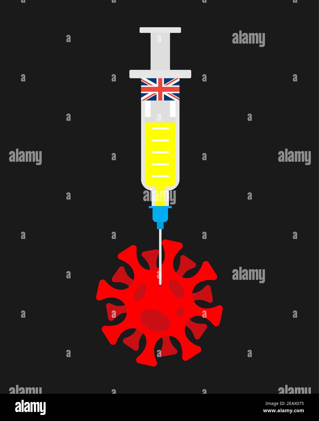 British coronavirus vaccine. British flag on Syringe pierces Covid-19 bacteria. Cure for infection Stock Vector
