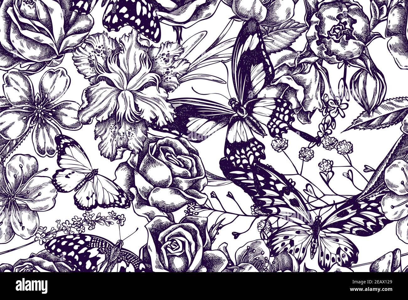 Artistic seamless pattern with shepherd s purse, heather, iris japonica, sakura, gypsophila, almond, lemon butterfly, african giant swallowtail, plain Stock Vector