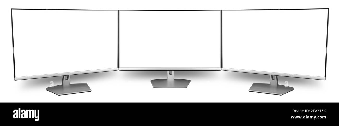 triple screen pc computer monitor flat screen in front side view isolated on white wide panorama background. multimedia technology hardware communicat Stock Photo