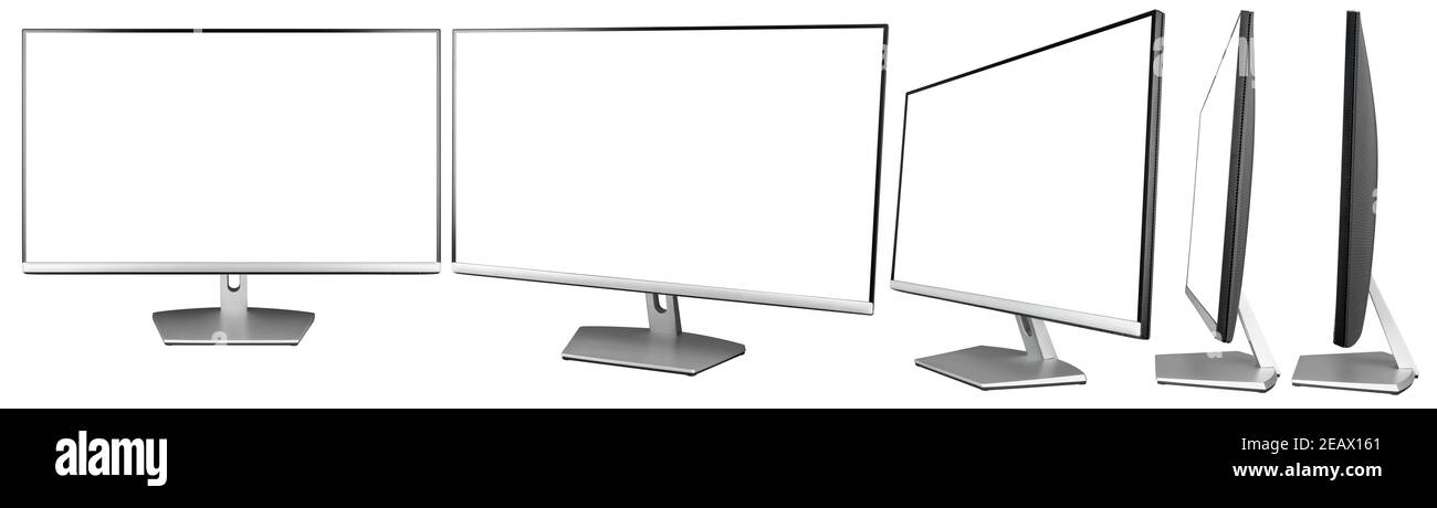 set collection of modern black silver pc computer monitor  flat screen in front side view isolated on white background. multimedia technology hardware Stock Photo