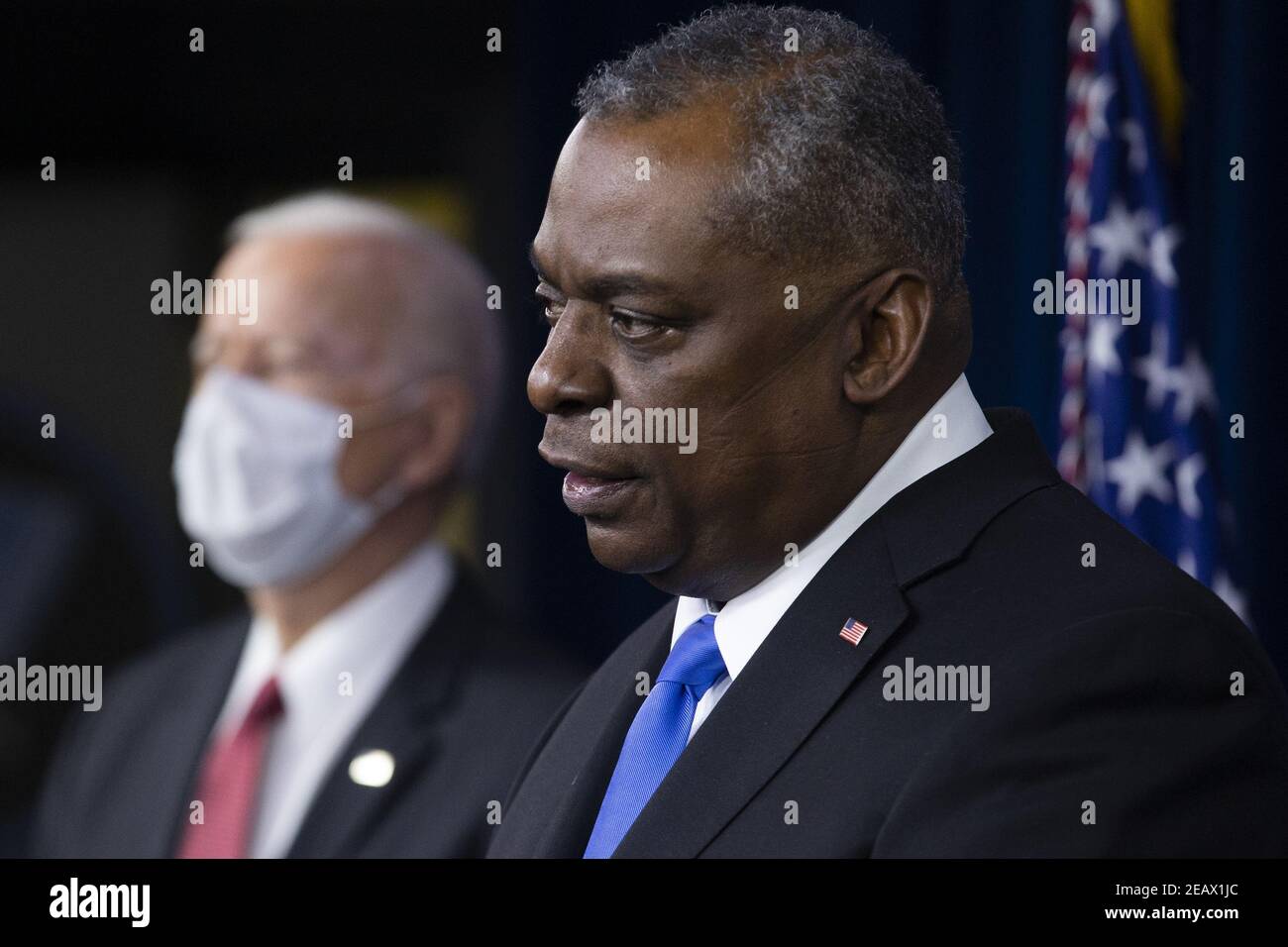 Arlington, United States. 10th Feb, 2021. Secretary of Defense Lloyd Austin (R) delivers remarks beside President Joe Biden to Department of Defense personnel, at the Pentagon in Arlington, Virginia, on Wednesday February 10, 2021. Photo by Michael Reynolds/UPI Credit: UPI/Alamy Live News Stock Photo