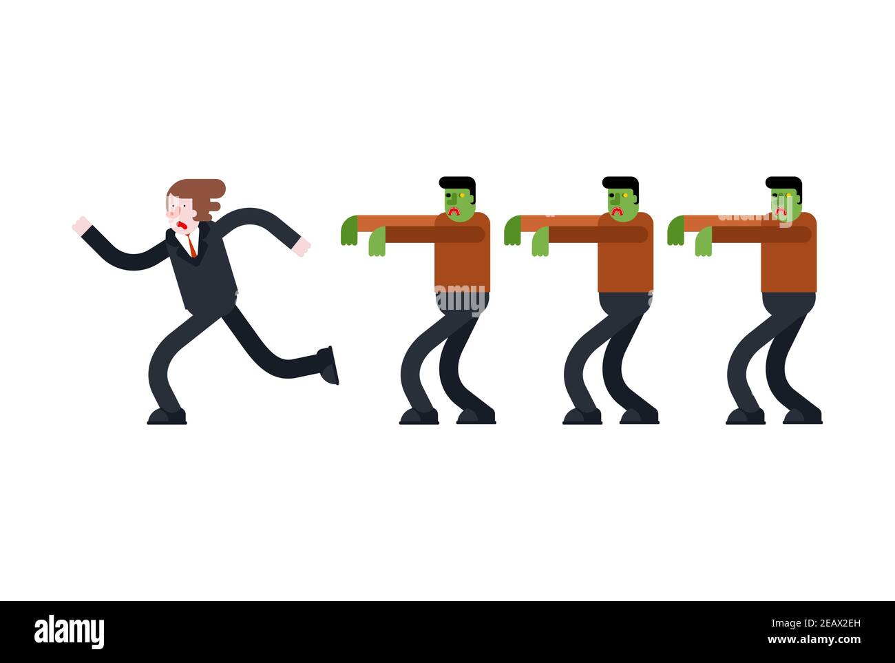 Zombie is chasing man. Zombi running after guy. Green walking dead haunts man. vector illustration Stock Vector