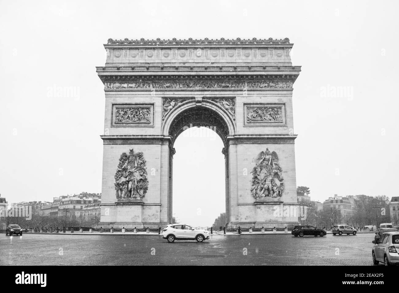 Snow on Paris, Place de l'Etoile, Arc de Triomphe Stock Photo