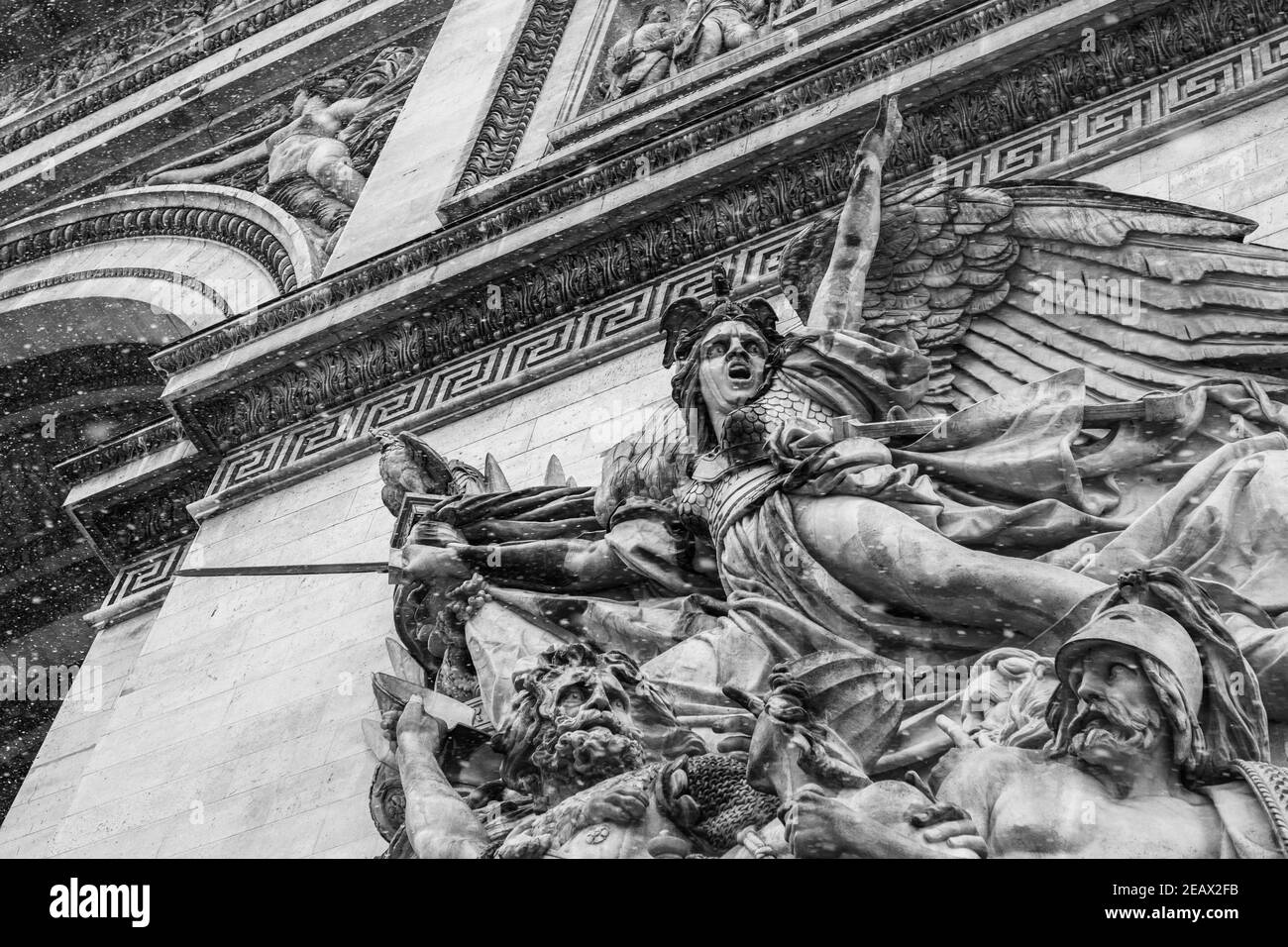 Snow on Paris, Place de l'Etoile, Arc de Triomphe Stock Photo