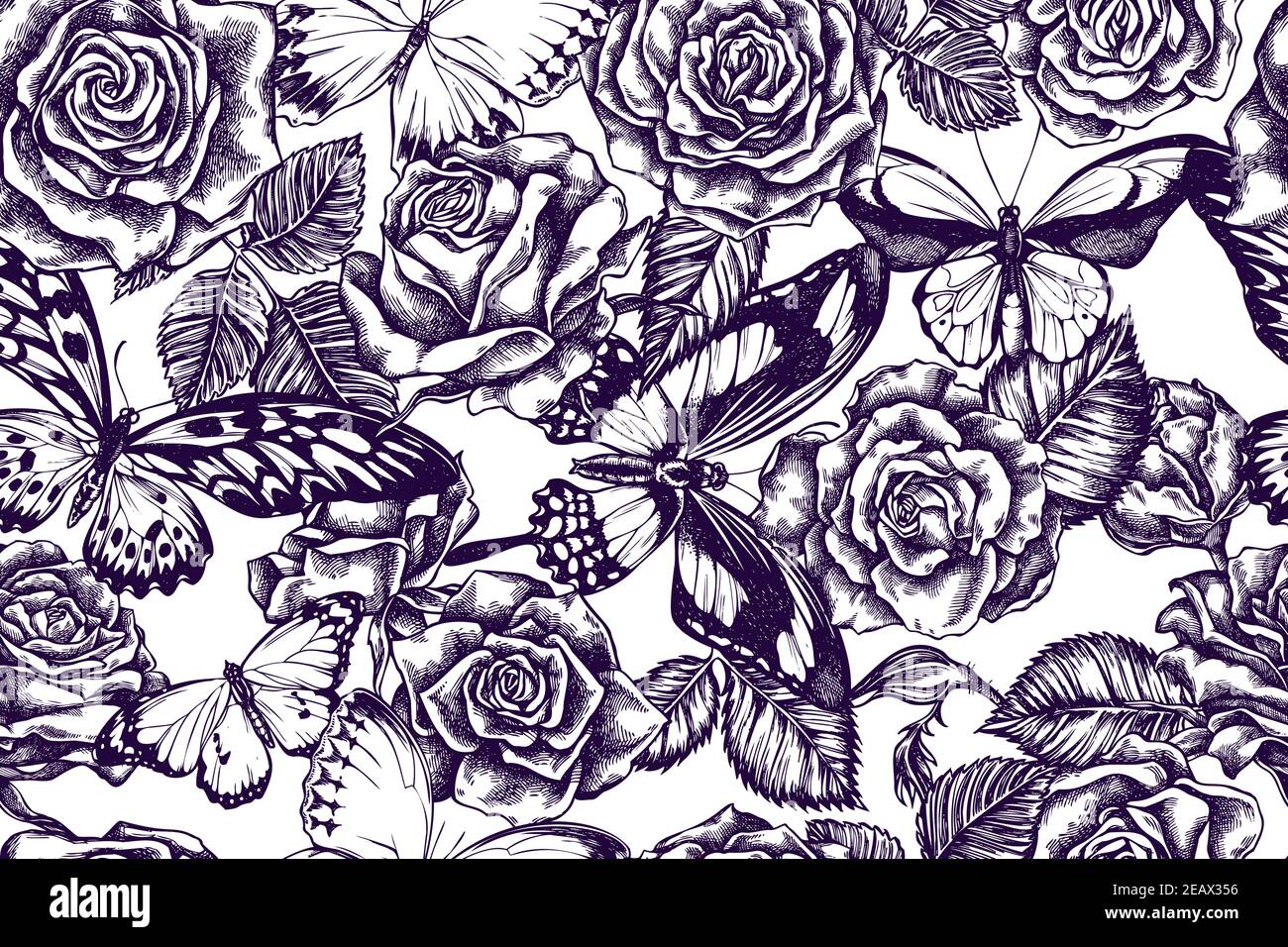 Artistic seamless pattern with african giant swallowtail, wallace's golden birdwing, jungle queens, plain tiger, papilio torquatus, roses Stock Vector