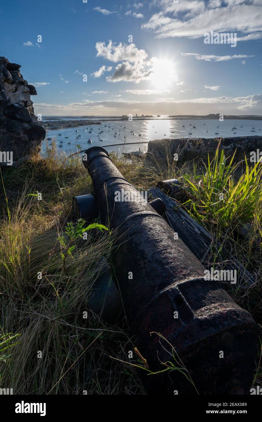 The harbour view at dusk from Fort Louis at Marigot, the French capital of St Martin in the Caribbean Stock Photo