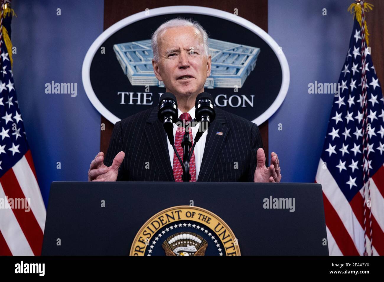 US President Joe Biden delivers remarks to Department of Defense, at the Pentagon in Arlington, Virginia, USA, 10 February 2021.Credit: Michael Reynolds/Pool via CNP /MediaPunch Stock Photo
