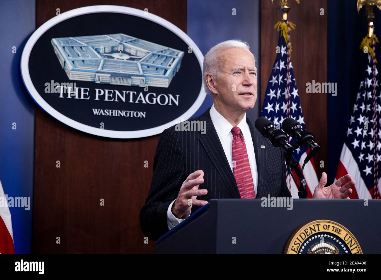 US President Joe Biden delivers remarks to Department of Defense, at the Pentagon in Arlington, Virginia, USA, 10 February 2021.Credit: Michael Reynolds/Pool via CNP /MediaPunch Stock Photo