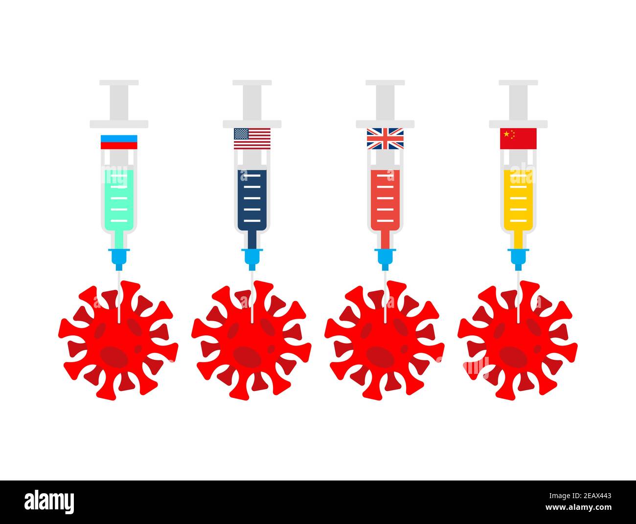 Various coronavirus vaccines. Russian and Chinese medicine. USA and UK vaccine. Syringe pierces Covid-19 bacteria. Cure for infection Stock Vector