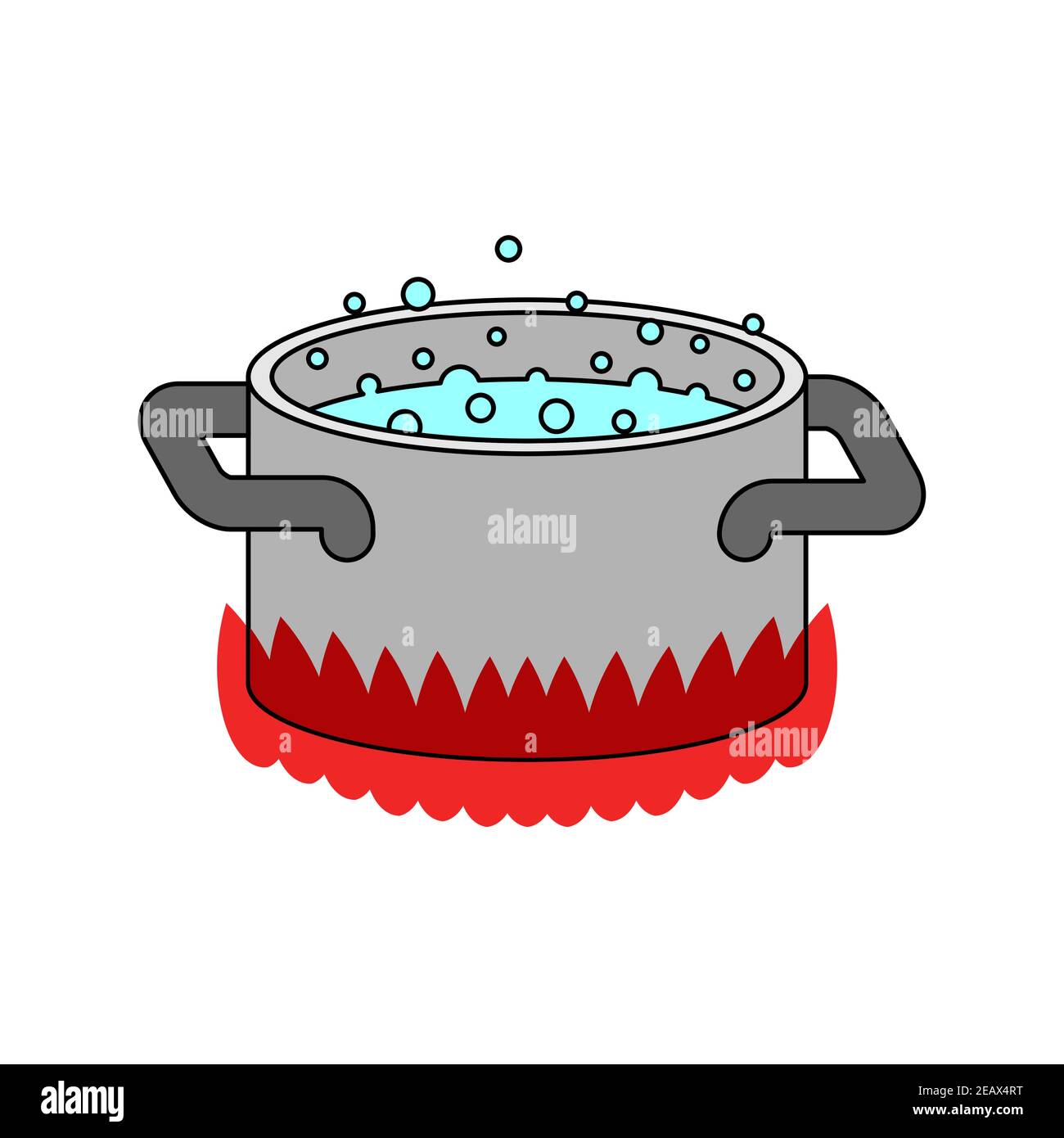 Boiling water in pan. Cooking pot on stove with water and steam. Flat  cartoon style. Vector illustration. Stock Vector