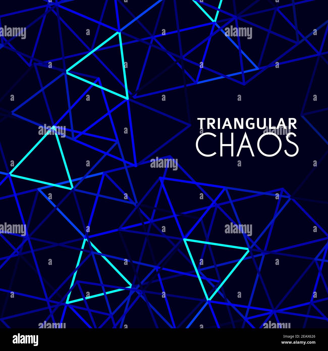 Triangular chaos. Abstract background with chaotic neon and blue triangles on dark blue background. Vector graphic pattern Stock Vector