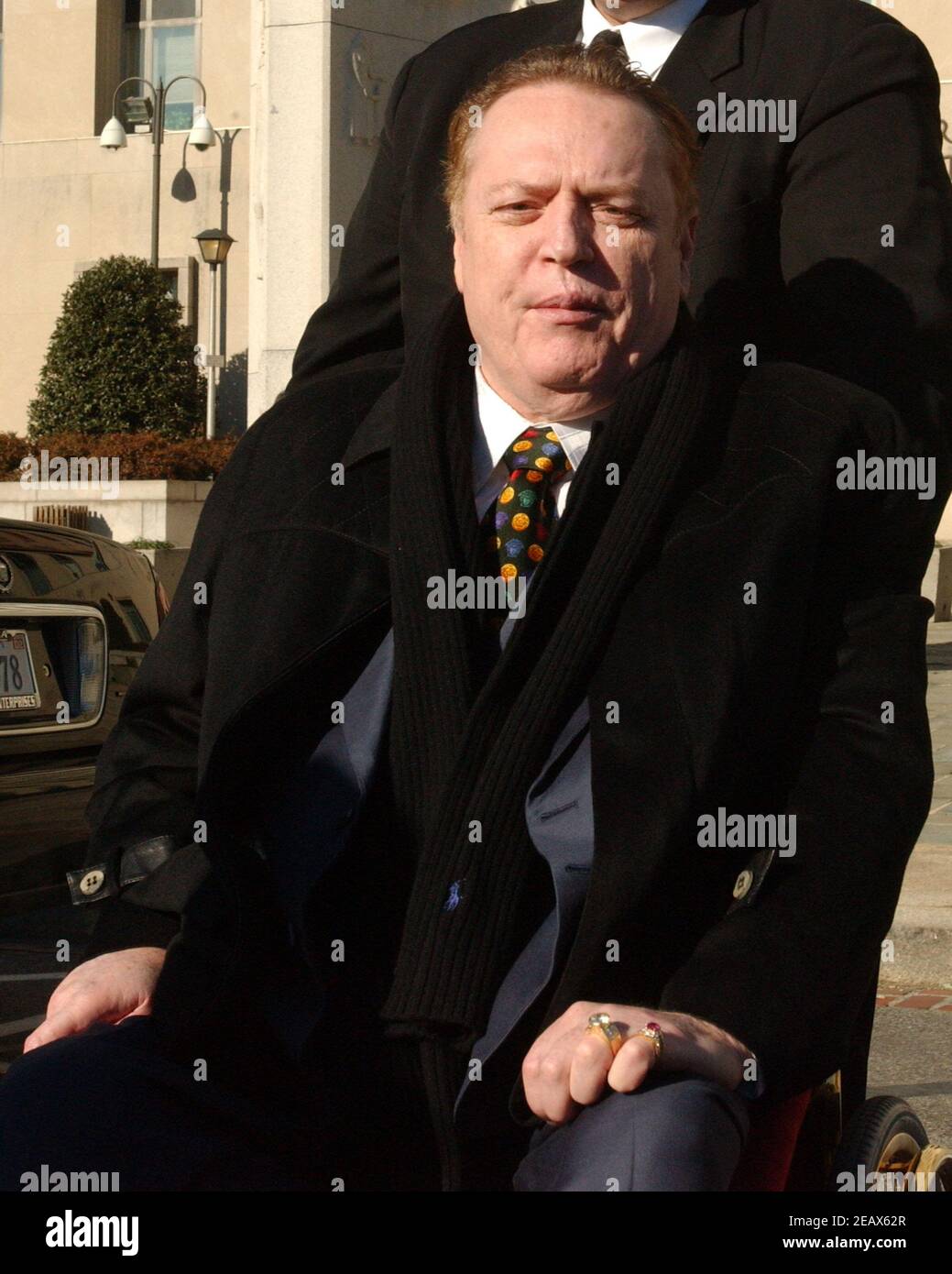Washington, DC - January 4, 2002 -- Hustler Magazine publisher Larry Flynt appears at United States District Court in Washington, DC to plead his case against the United States Department of Defense. Flynt wants the court to order the battlefields in Afghanistan opened to the media.Credit: Ron Sachs/CNP | usage worldwide Stock Photo