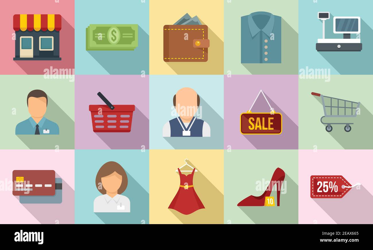 Shop assistant icons set, flat style Stock Vector