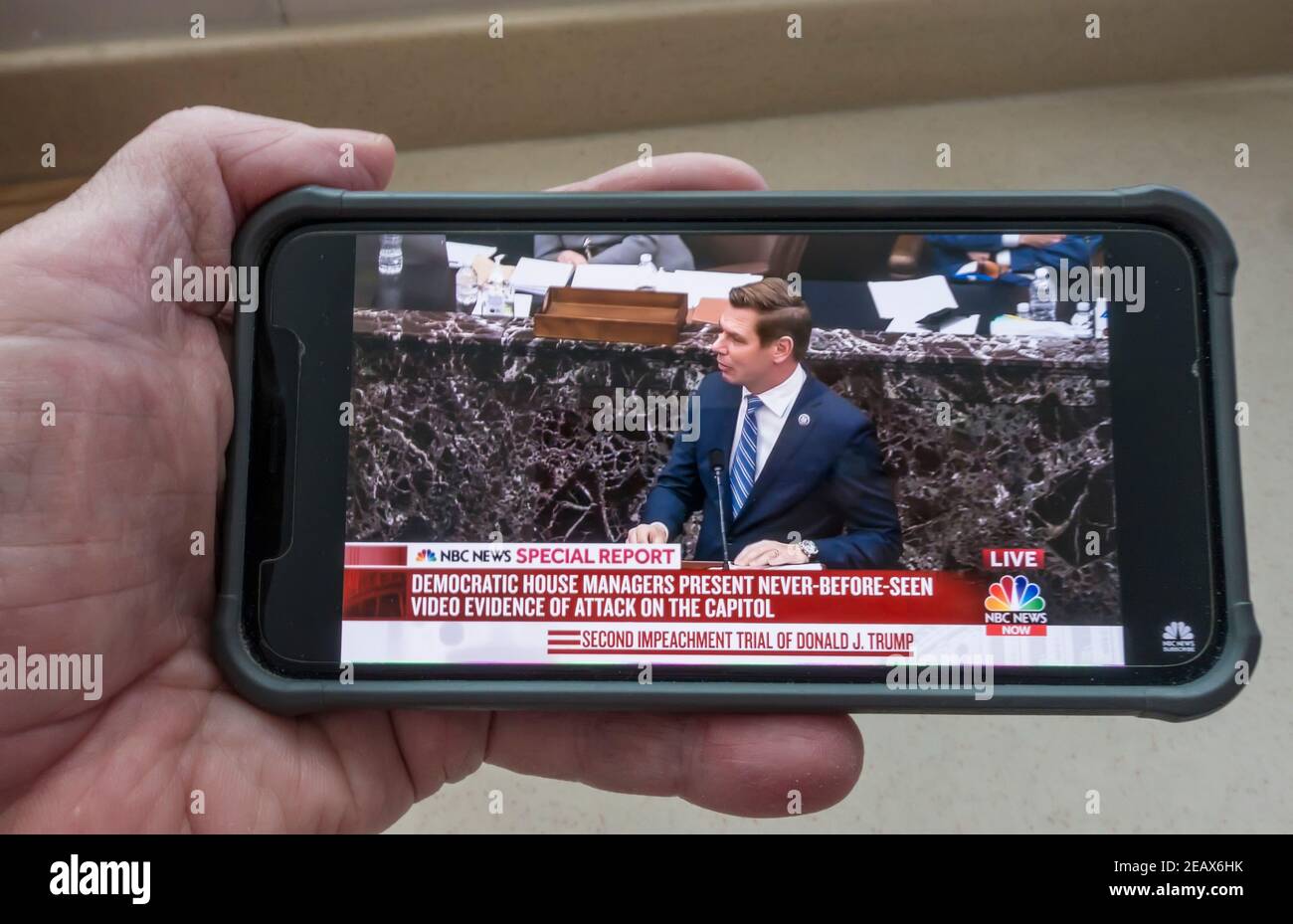 Second Trump Impeachment Trial evidence viewed on smartphone Stock Photo