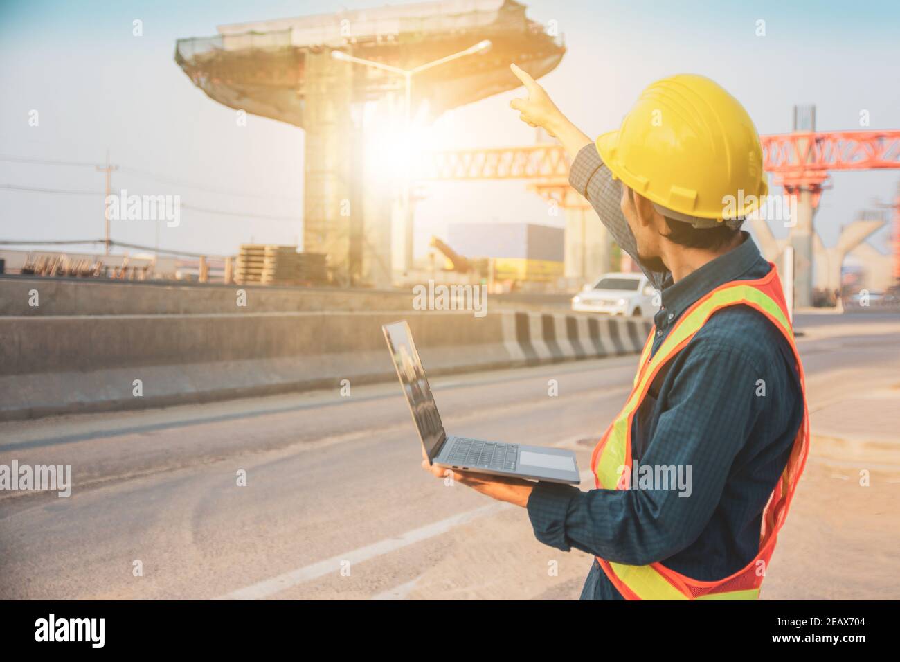 Engineer use computer laptop, Worker architecture check building ...