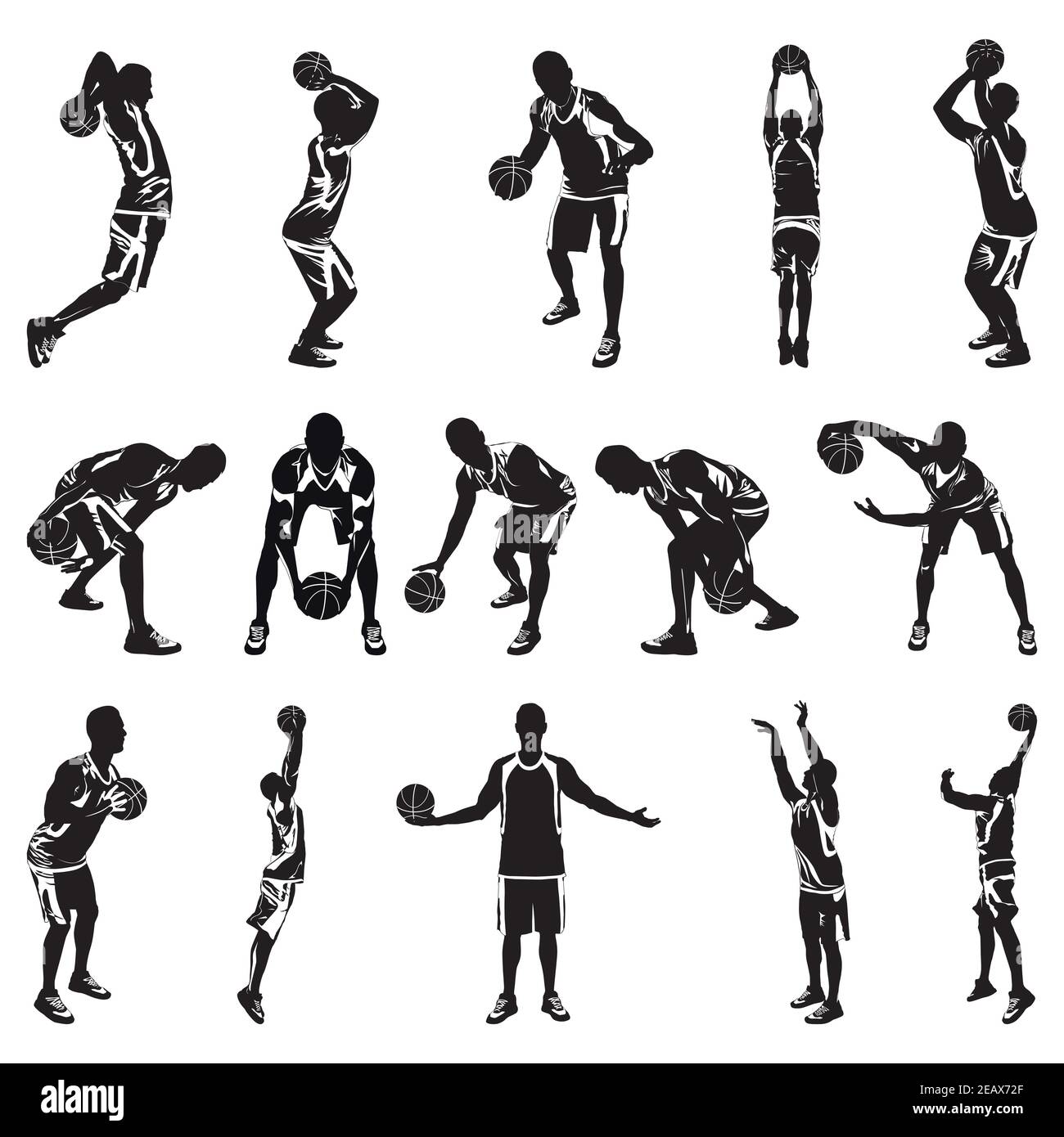 Basketball player silhouettes, vector illustration. Dribbling, bouncing, passing, shooting ball, free throw, slam dunk. Stock Vector