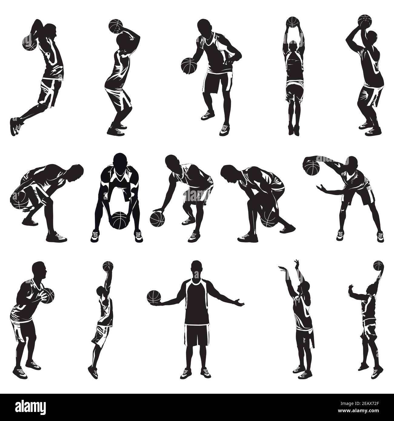 Basketball player silhouettes, vector illustration. Dribbling, bouncing