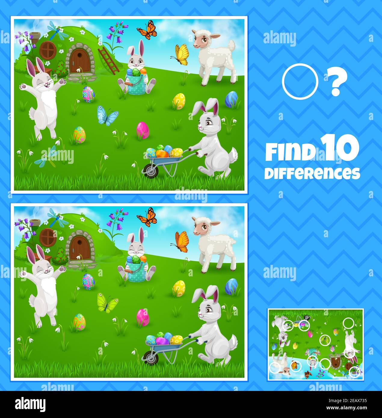 Easter egg hunt bunnies kids game of find ten differences, vector ...