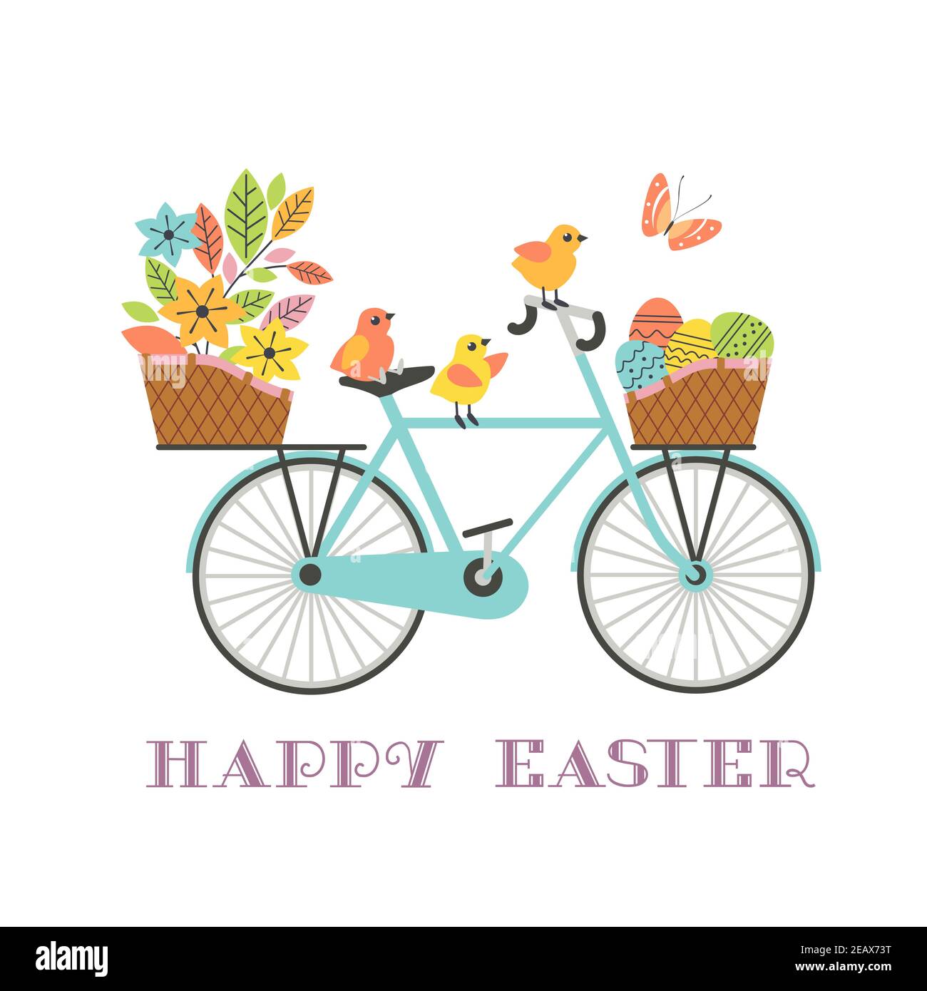 Cute Easter Chickens on retro Bicycle with Eggs in basket Stock Vector