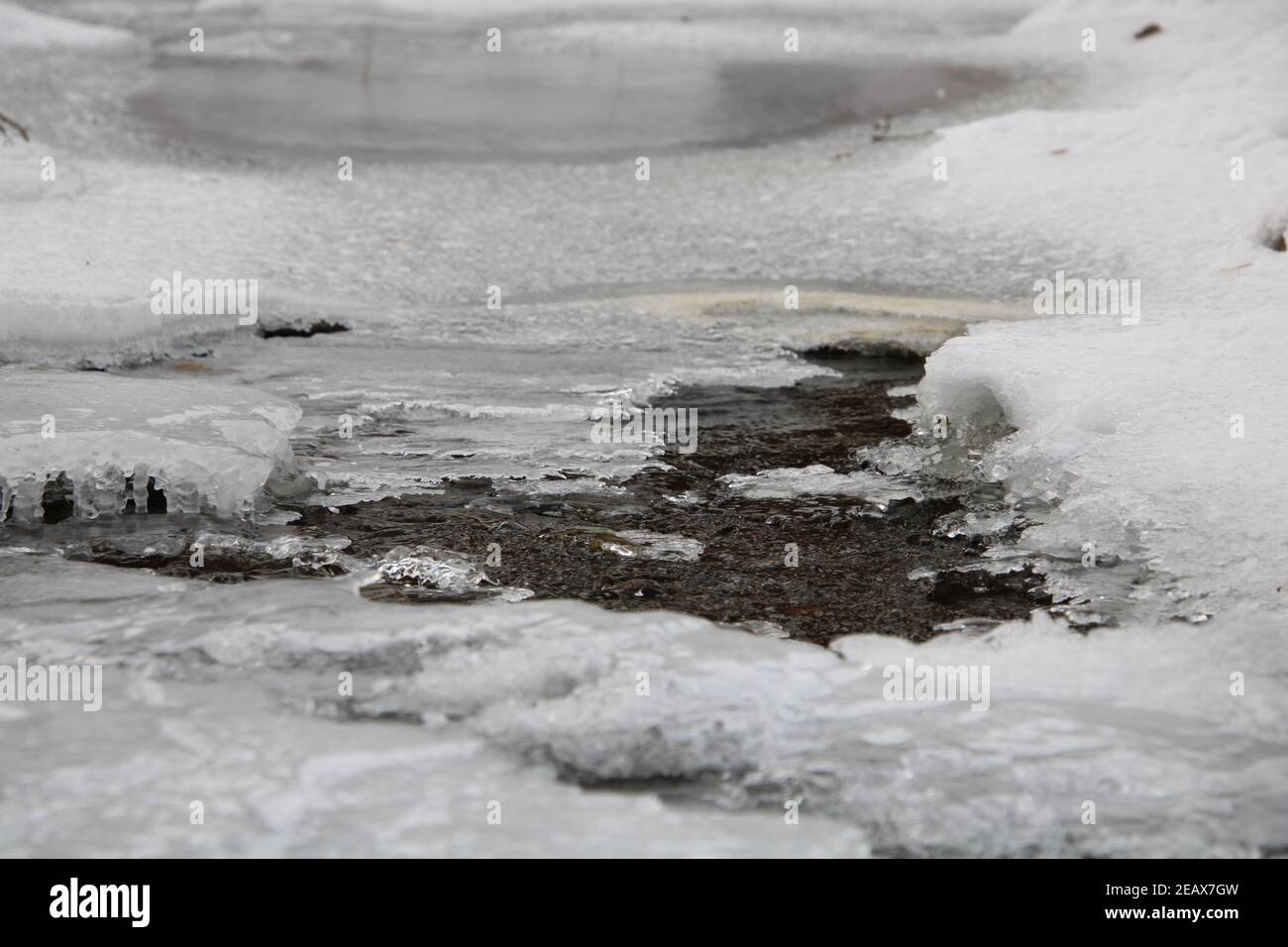 Melted area, in snowed-over creek Stock Photo