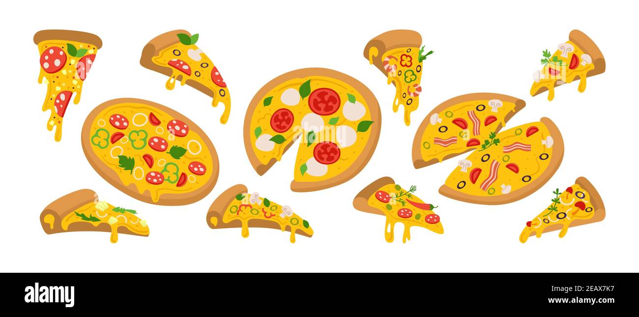 Pizza slices cartoon set. Pizzas pieces for Italian retro menu. Margarita and hawaiian, pepperoni or seafood, mexican collection. Hand drawn pizza with greens, pepper, tomato, olive. Vector collection Stock Vector