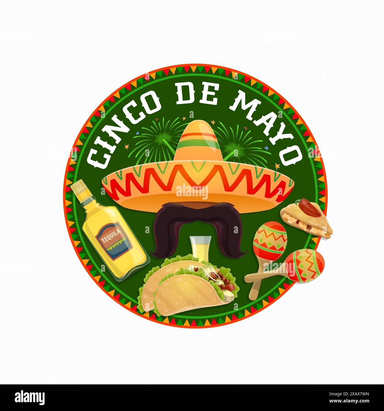 Cinco de Mayo vector round icon. Mexican holiday symbols sombrero with ...