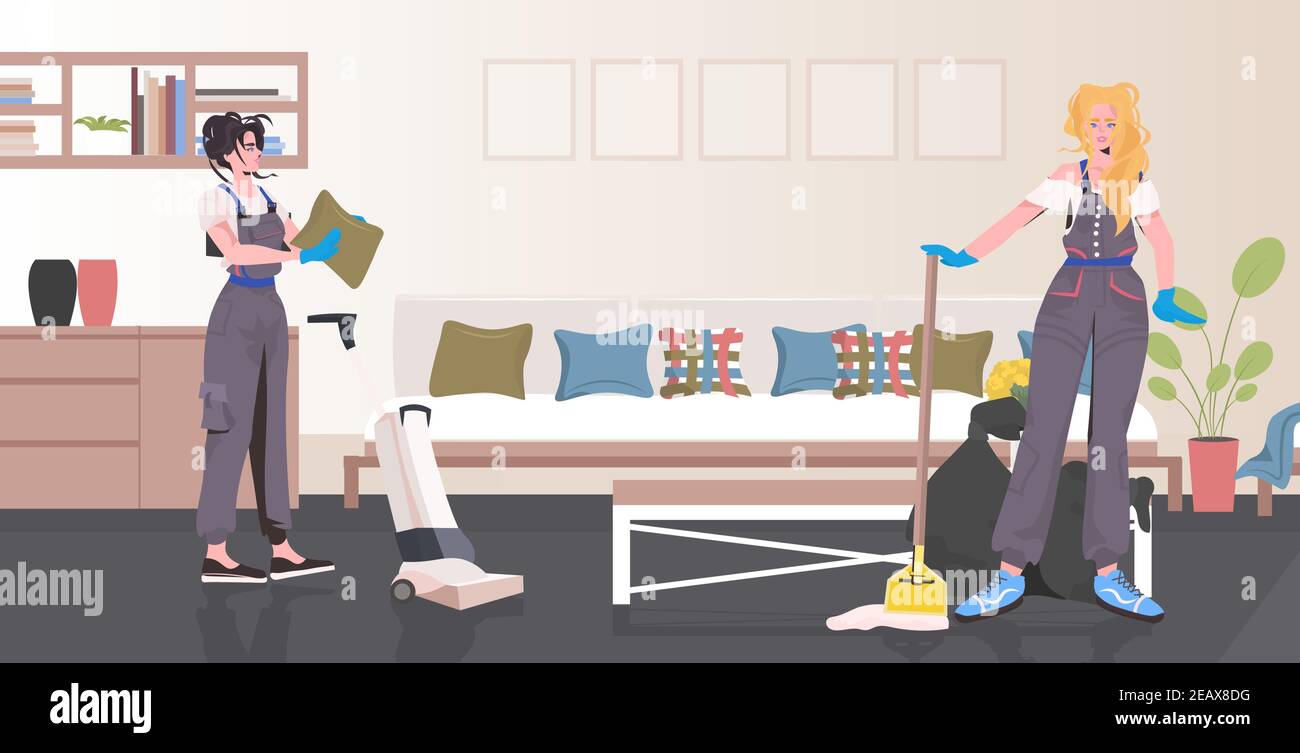 professional cleaners couple women janitors using cleaning equipment working together office interior full length horizontal vector illustration Stock Vector