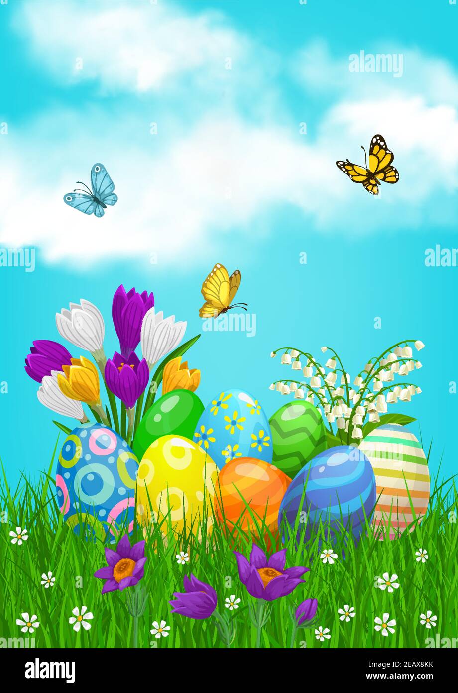 Easter eggs hunt on field with flowers and butterflies. Vector happy spring holidays card, decorated eggs hunting on lawn with cartoon blossoms on mea Stock Vector