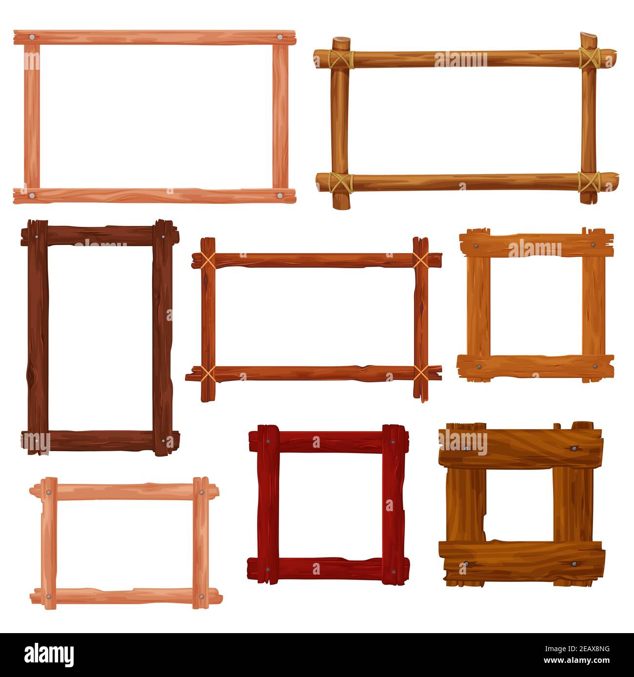 Wooden frames and borders cartoon vector design. Brown wood boards, old planks, tree branches and twigs with ropes and nails, vintage empty frames and Stock Vector