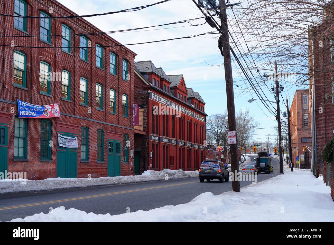 PATERSON, NJ -6 FEB 2021- Winter view of the Old Great Falls Historic District, an old industrial area around the landmark Society for the Establishme Stock Photo