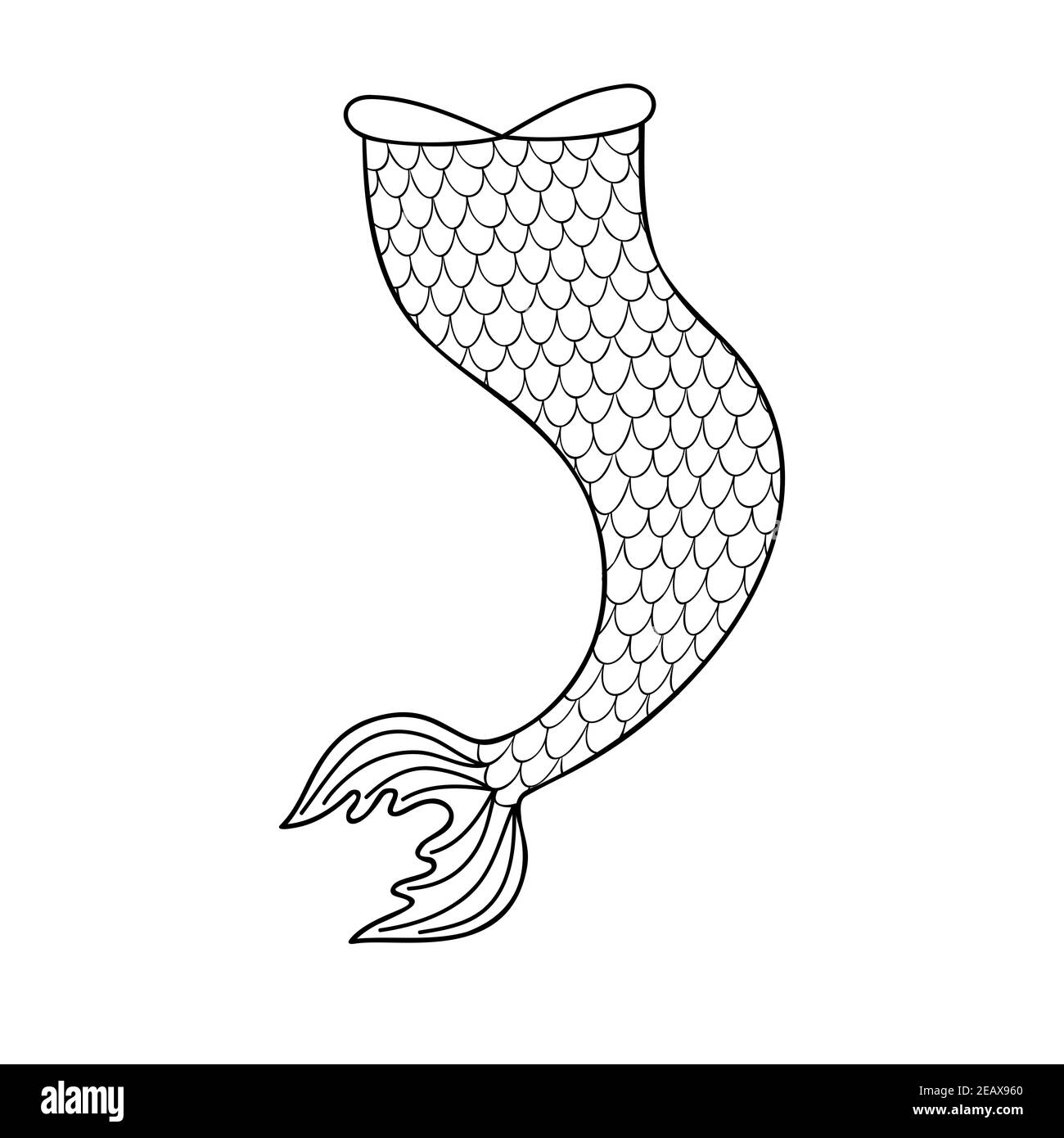 Doodle mermaid tail isolated on white background. Hand draw decoration for girls party, greeting card or clothing print. Black and white outline vecto Stock Vector