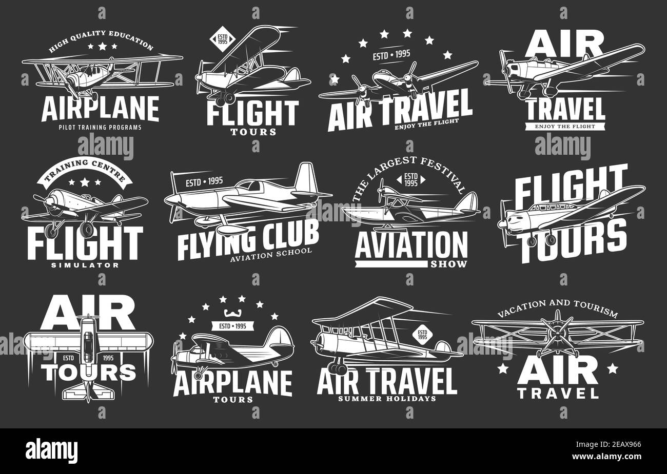 Airplane flight tours, air plane travel and aviation school, vector icons. Retro airplane tourist flights, aviation show and pilot aviator academy emb Stock Vector